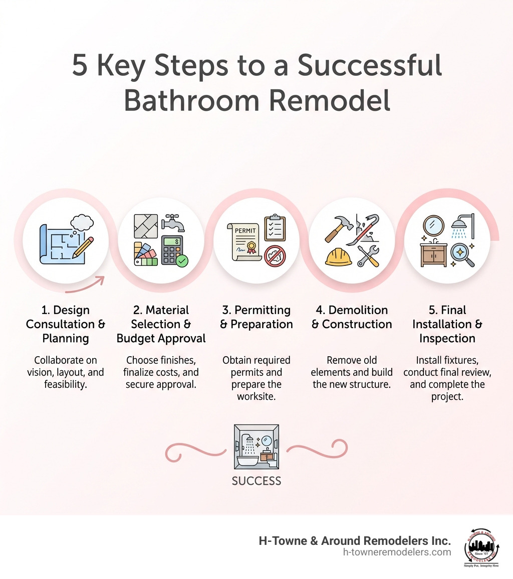infographic showing the 5 key steps to a successful bathroom remodel: 1) Design Consultation and Planning, 2) Material Selection and Budget Approval, 3) Permitting and Preparation, 4) Demolition and Construction, 5) Final Installation and Inspection - bathroom remodel pearland infographic 