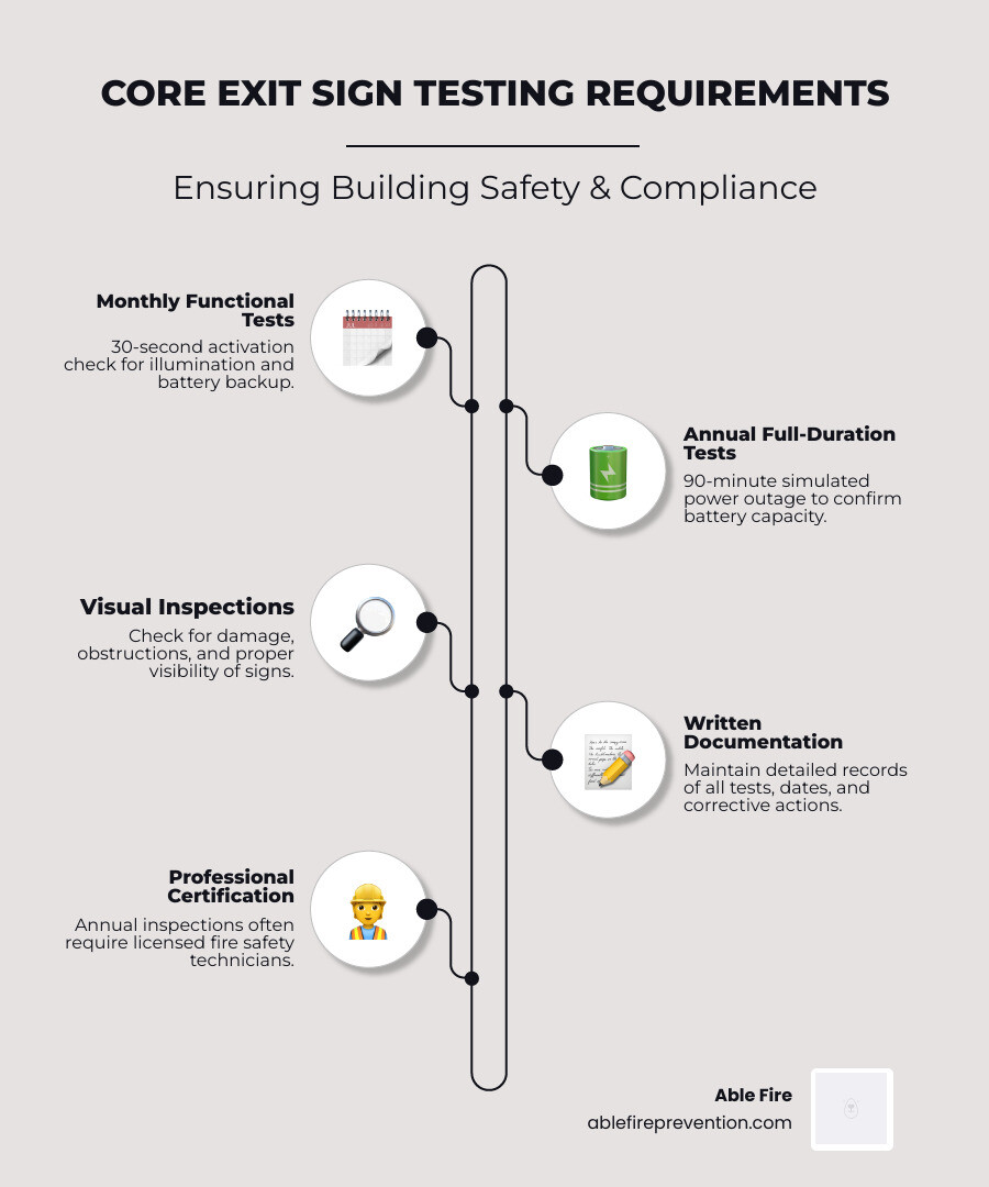infographic showing monthly 30-second functional test requirements versus annual 90-minute full-duration battery capacity test with documentation requirements and professional inspection standards - exit sign testing requirements infographic infographic-line-5-steps-elegant_beige