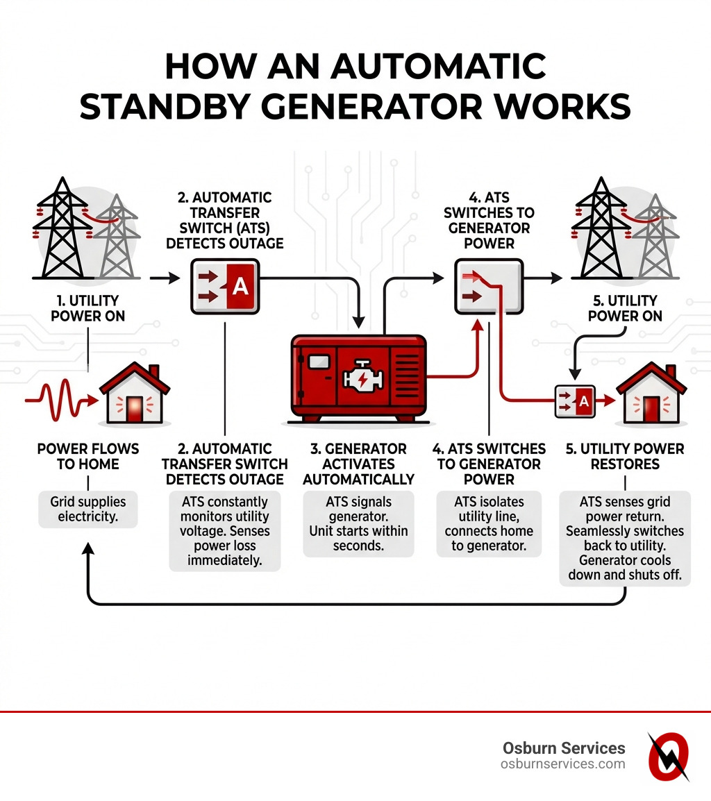 Infographic explaining how an automatic standby generator works - Generator service Michigan infographic 