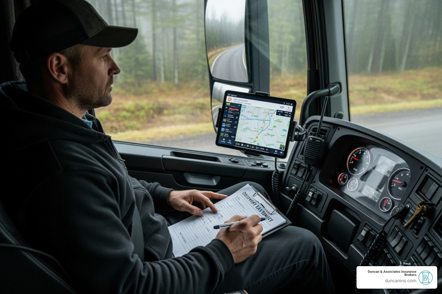 driver reviewing paperwork or a dashboard with telematics data - Log truck insurance