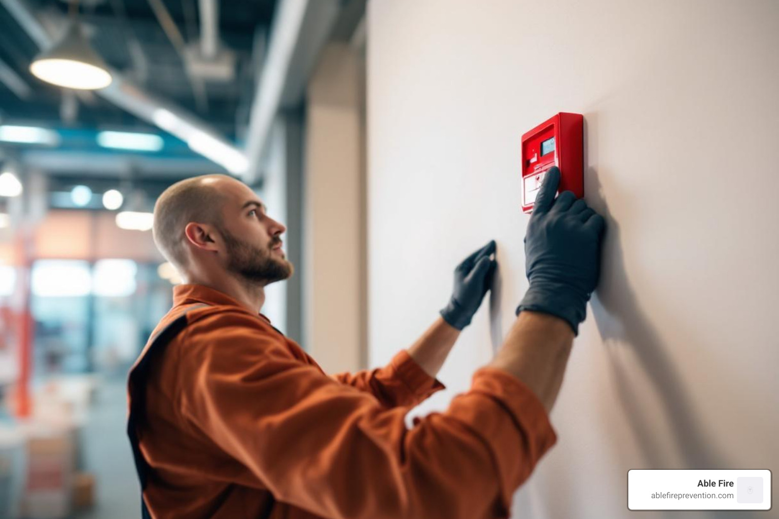 certified technician installing a fire alarm device on a wall - fire alarm installation services