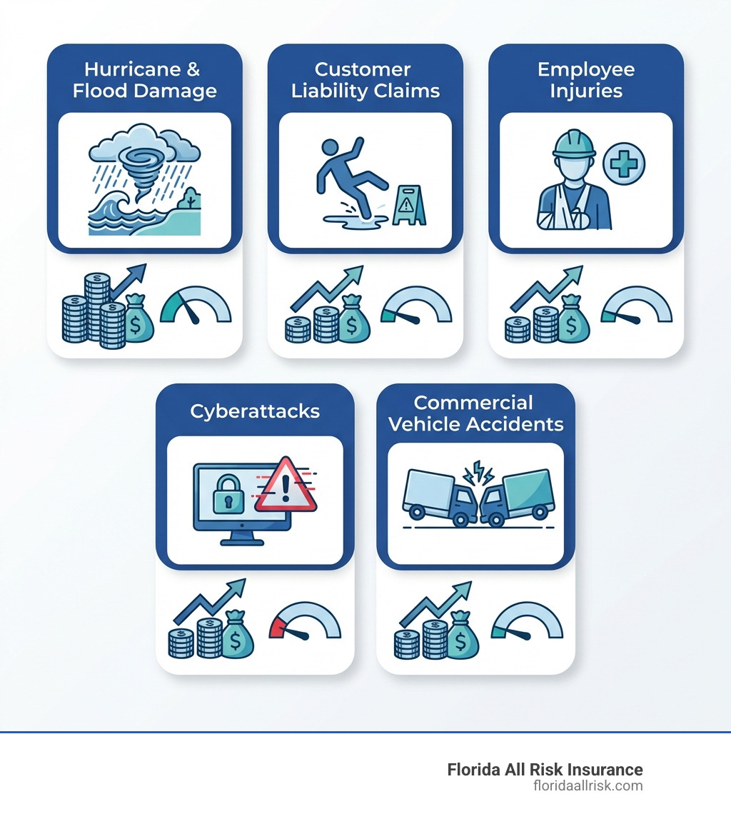 Infographic showing the top 5 risks for Panama City businesses: 1. Hurricane & Flood Damage (illustrated with storm clouds and water), 2. Customer Liability Claims (person slipping icon), 3. Employee Injuries (worker with injury symbol), 4. Cyberattacks (computer with warning symbol), 5. Commercial Vehicle Accidents (delivery truck collision). Each risk includes estimated annual cost impact and percentage of businesses affected. - business insurance panama city fl infographic Infographic showing the top 5 risks for Panama City businesses: 1. Hurricane & Flood Damage (illustrated with storm clouds and water), 2. Customer Liability Claims (person slipping icon), 3. Employee Injuries (worker with injury symbol), 4. Cyberattacks (computer with warning symbol), 5. Commercial Vehicle Accidents (delivery truck collision). Each risk includes estimated annual cost impact and percentage of businesses affected. - business insurance panama city fl infographic