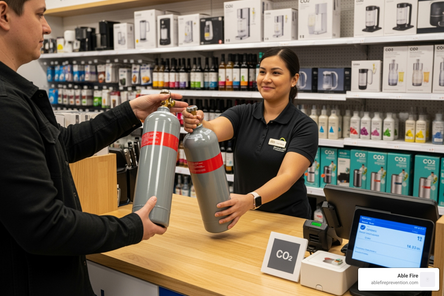 A person at a retail counter swapping an empty CO2 tank for a full one - CO2 tank exchange