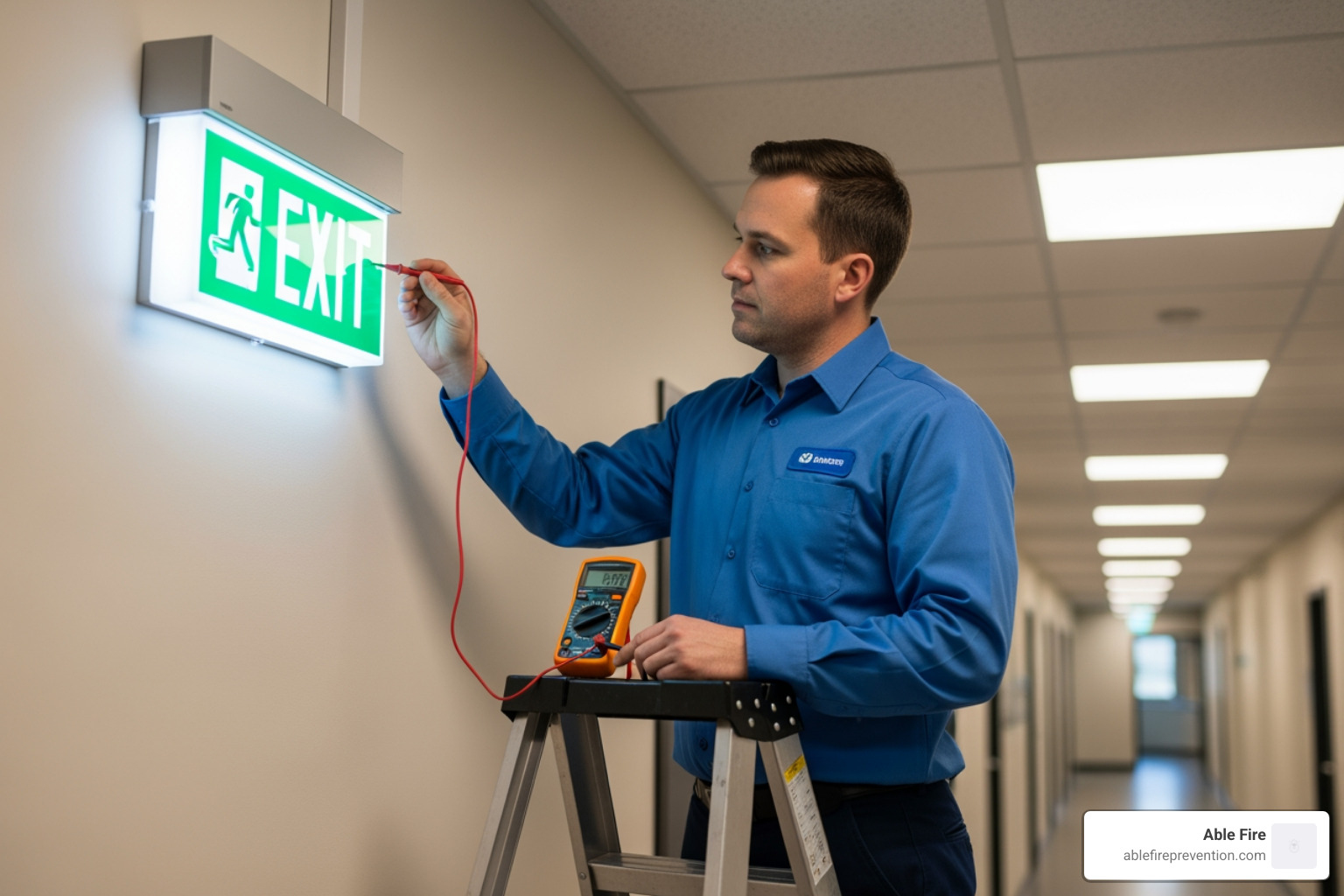 technician performing exit sign inspection - exit sign testing requirements