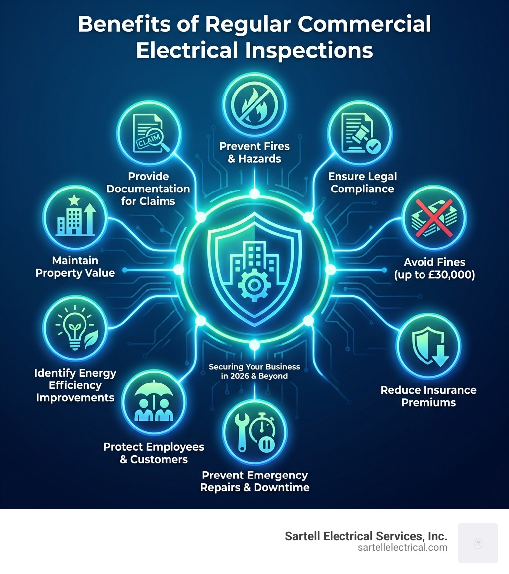 Infographic showing the key benefits of regular commercial electrical inspections: preventing fires and electrical hazards, ensuring legal compliance with regulations, avoiding costly fines up to £30,000, reducing insurance premiums, preventing expensive emergency repairs and downtime, protecting employees and customers, identifying energy efficiency improvements, maintaining property value, and providing documentation for insurance claims - periodic electrical inspection commercial premises infographic Infographic showing the key benefits of regular commercial electrical inspections: preventing fires and electrical hazards, ensuring legal compliance with regulations, avoiding costly fines up to £30,000, reducing insurance premiums, preventing expensive emergency repairs and downtime, protecting employees and customers, identifying energy efficiency improvements, maintaining property value, and providing documentation for insurance claims - periodic electrical inspection commercial premises infographic