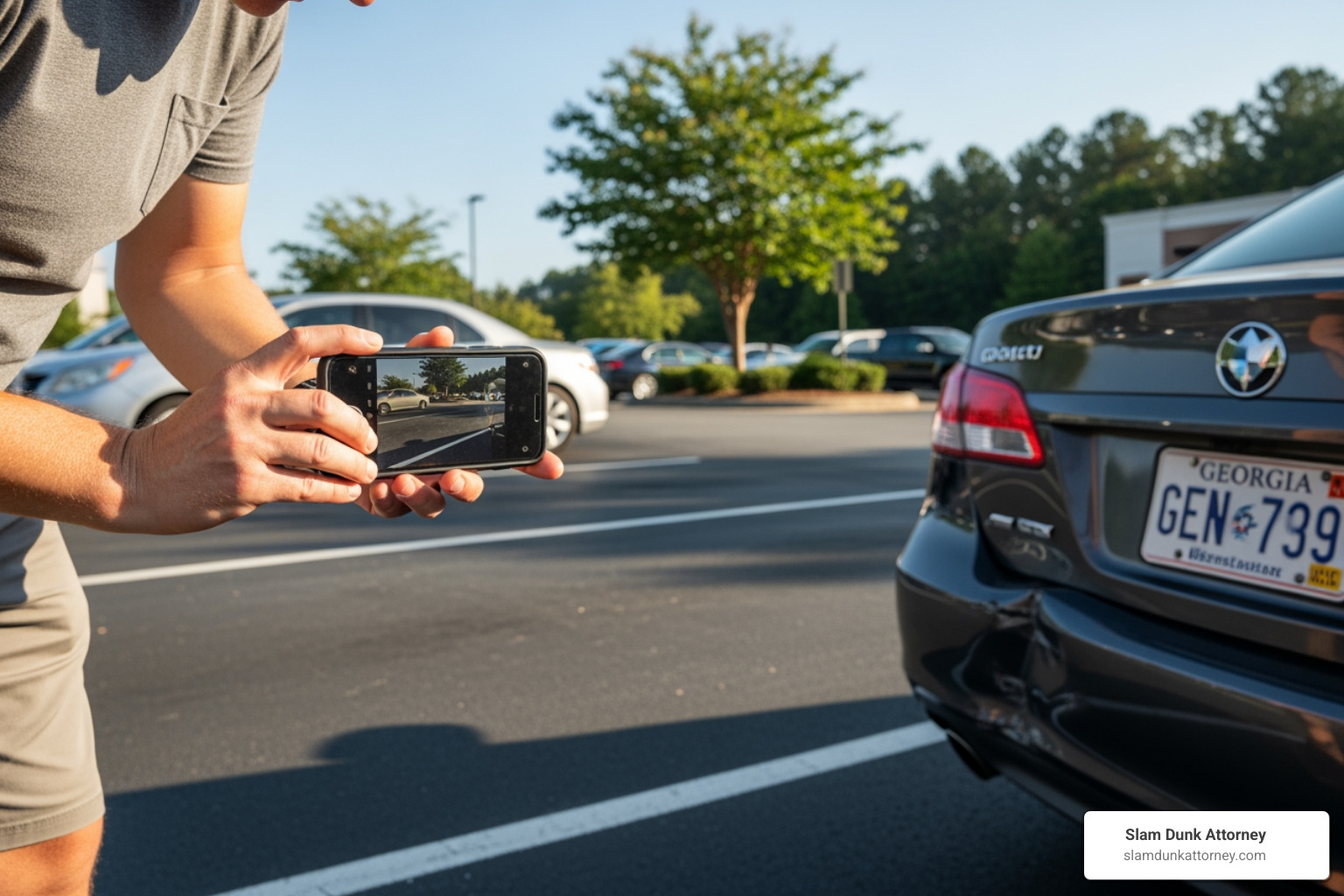 person taking photos of their vehicle's damage with a smartphone after an accident in a Georgia parking lot - How to get compensation