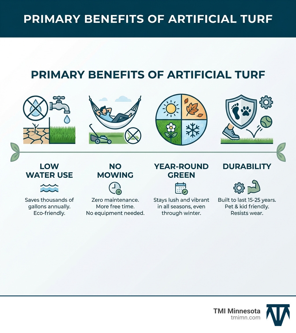 infographic explaining the primary benefits of artificial turf (low water use, no mowing, year-round green, durability) - turf landscape design infographic 