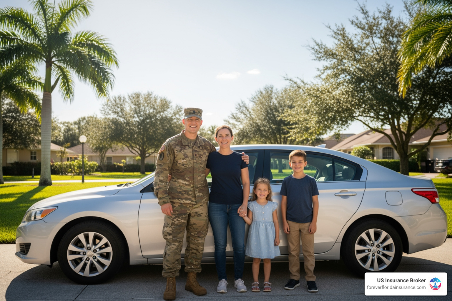 military service member with family and car in Florida - Military auto insurance Florida military service member with family and car in Florida - Military auto insurance Florida