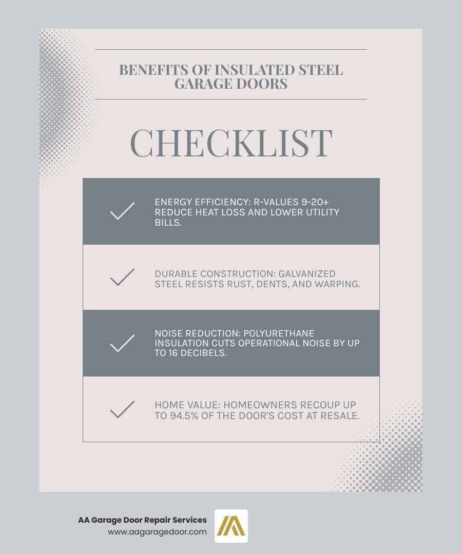 Infographic showing the four core benefits of an insulated steel garage door: Energy Savings with dollar sign icon and R-value chart, Increased Durability with steel shield icon, Noise Reduction with sound wave diagram showing 96dB vs 80dB comparison, and Improved Home Value with house and upward arrow showing 94.5% ROI - insulated steel garage door infographic checklist-light-blue-grey