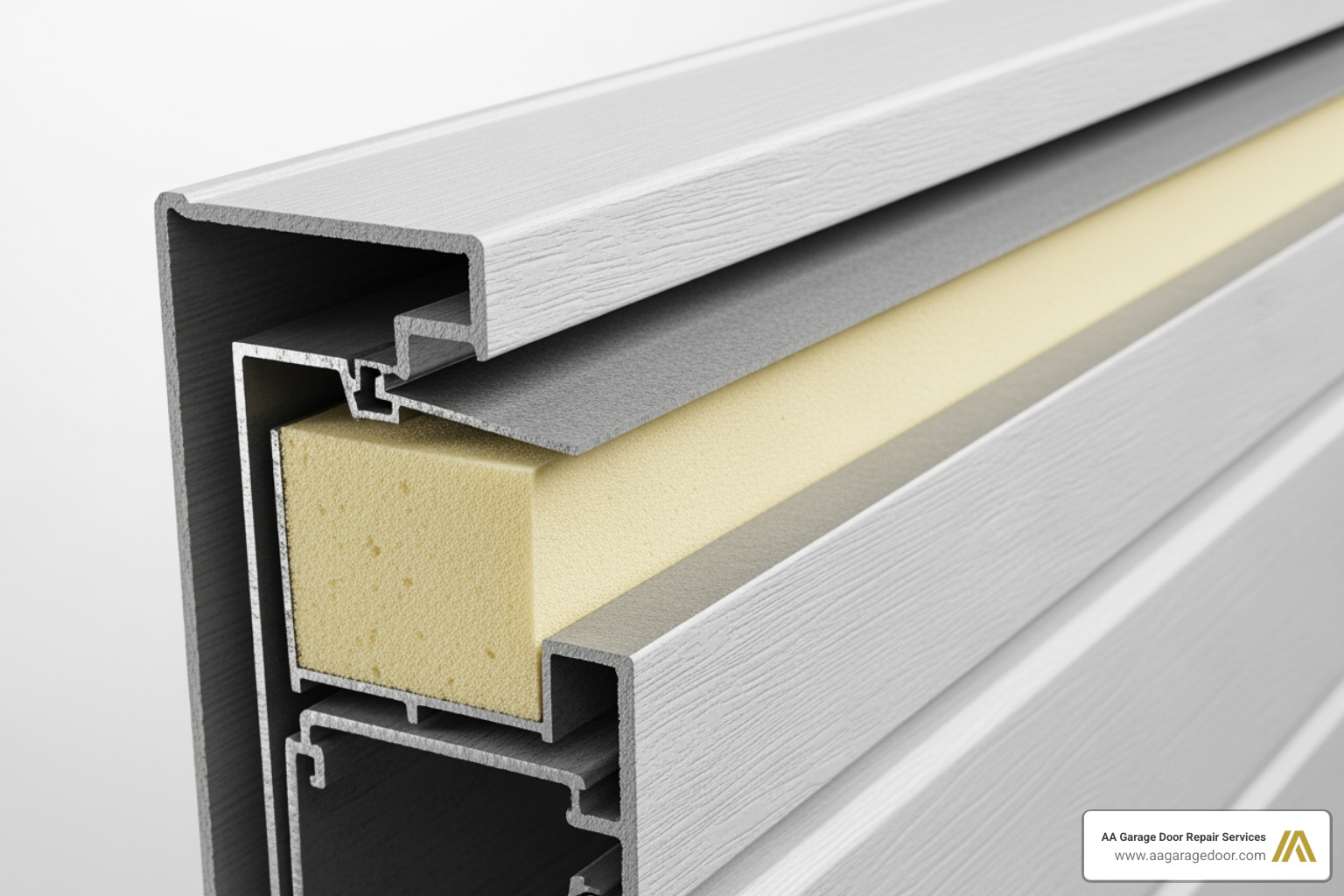 cutaway view of a triple-layer insulated steel garage door showing the steel-insulation-steel sandwich - insulated steel garage door
