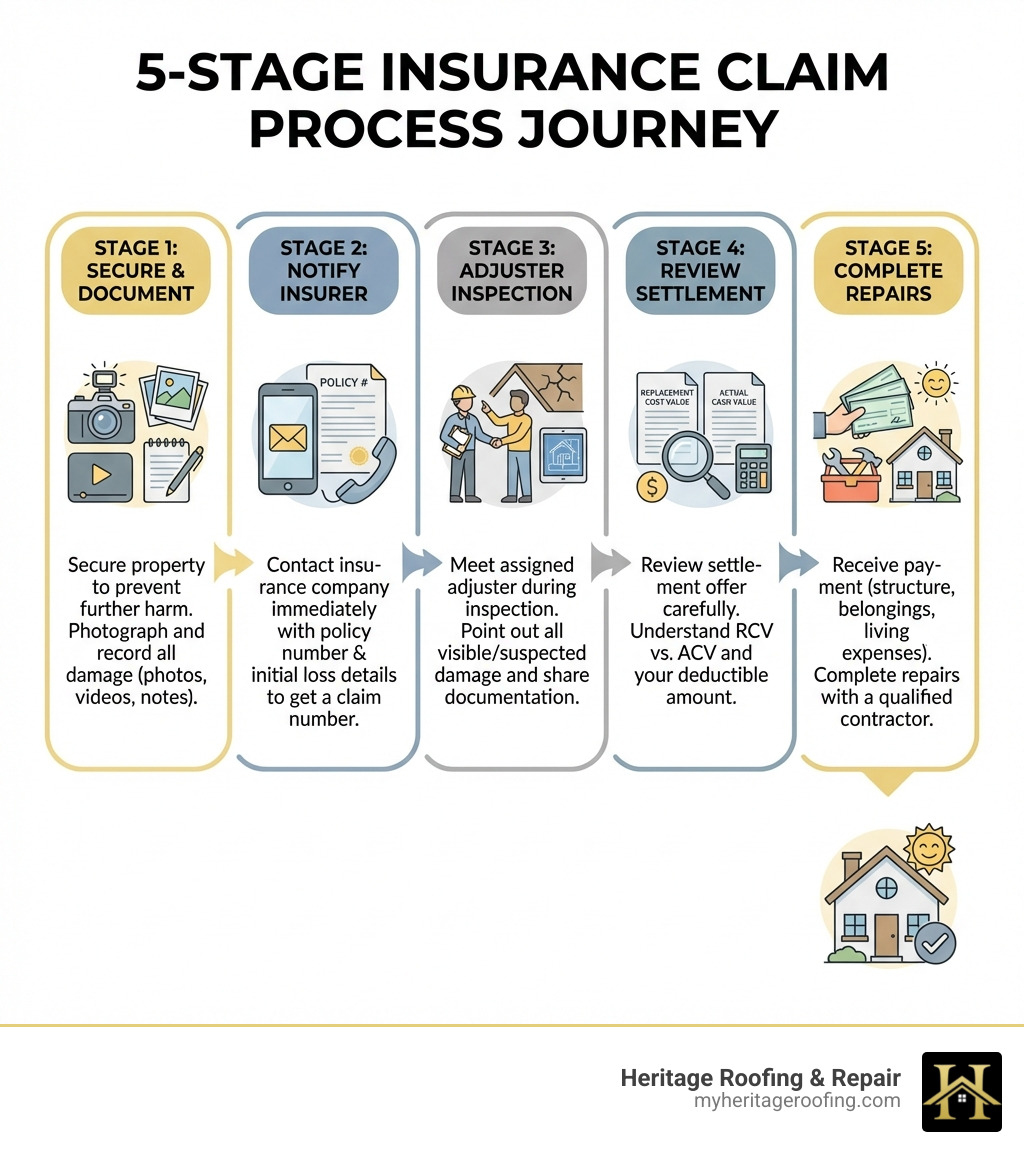 Infographic showing the 5-stage insurance claim process: Stage 1 - Secure property and document all damage with photos, videos, and written notes while preventing further harm. Stage 2 - Notify your insurance company immediately with your policy number and initial loss details to receive a claim number. Stage 3 - Meet with the assigned adjuster during their inspection, pointing out all visible and suspected damage while sharing your documentation. Stage 4 - Review the settlement offer carefully, understanding the difference between replacement cost value and actual cash value, and your deductible amount. Stage 5 - Receive payment (often multiple checks for structure, belongings, and living expenses) and complete repairs with a qualified contractor. - Insurance claim process infographic 