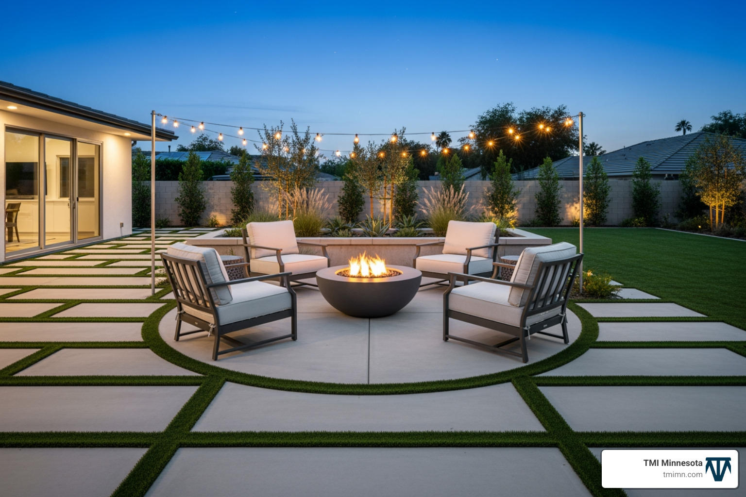 creative backyard design featuring turf strips between large concrete pavers, leading to a fire pit area - turf landscape design