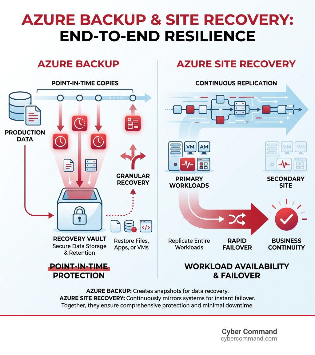 Infographic showing Azure Backup creating point-in-time data copies stored in vaults for recovery, while Azure Site Recovery continuously replicates entire workloads to enable rapid failover and business continuity - azure backup and disaster recovery infographic 