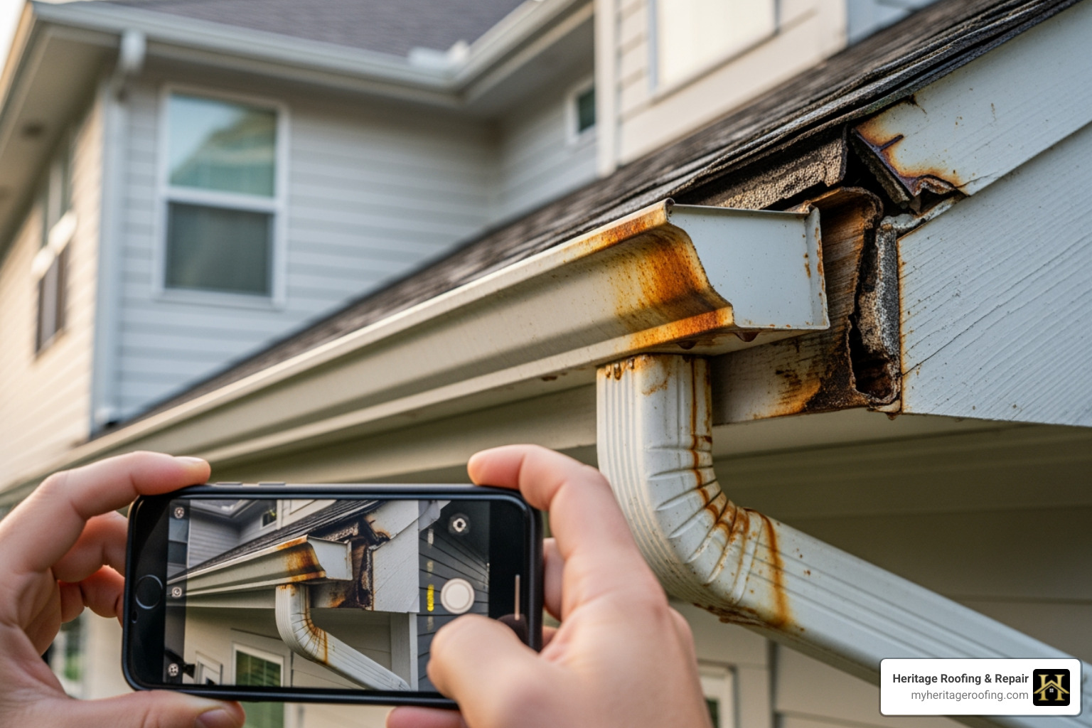 person taking photos of a damaged gutter with their smartphone - Insurance claim process