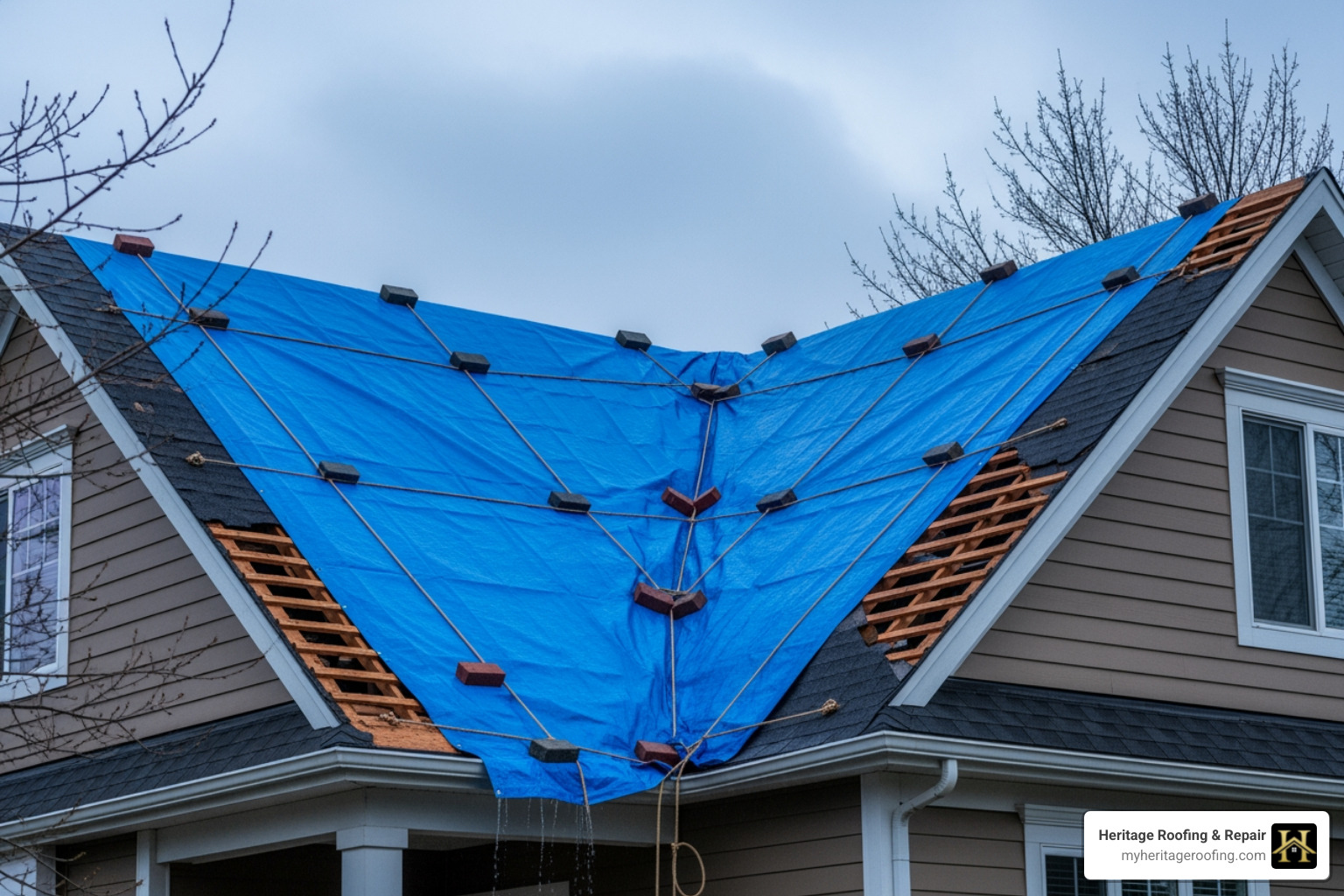damaged roof section covered with a blue tarp - Insurance claim process