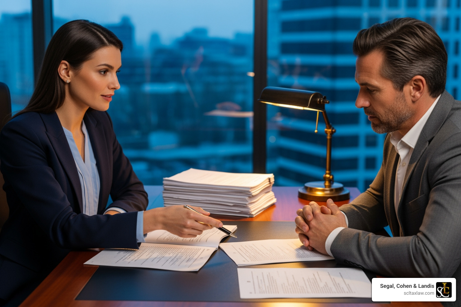 A confident lawyer meeting with a client, discussing documents - tax debt lawyers near me
