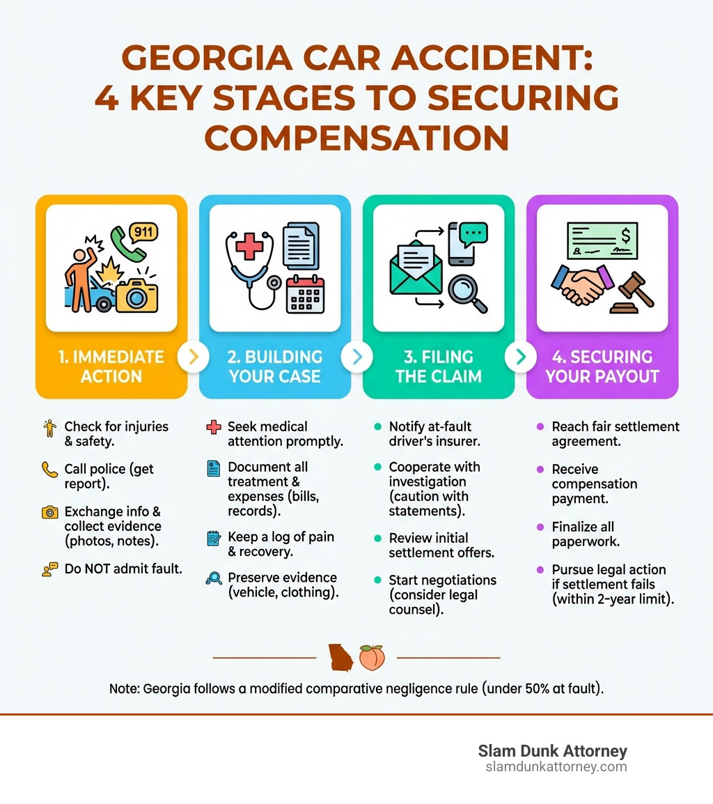 infographic explaining the 4 key stages: Immediate Action, Building Your Case, Filing the Claim, and Securing Your Payout in Georgia. - How to get compensation infographic 