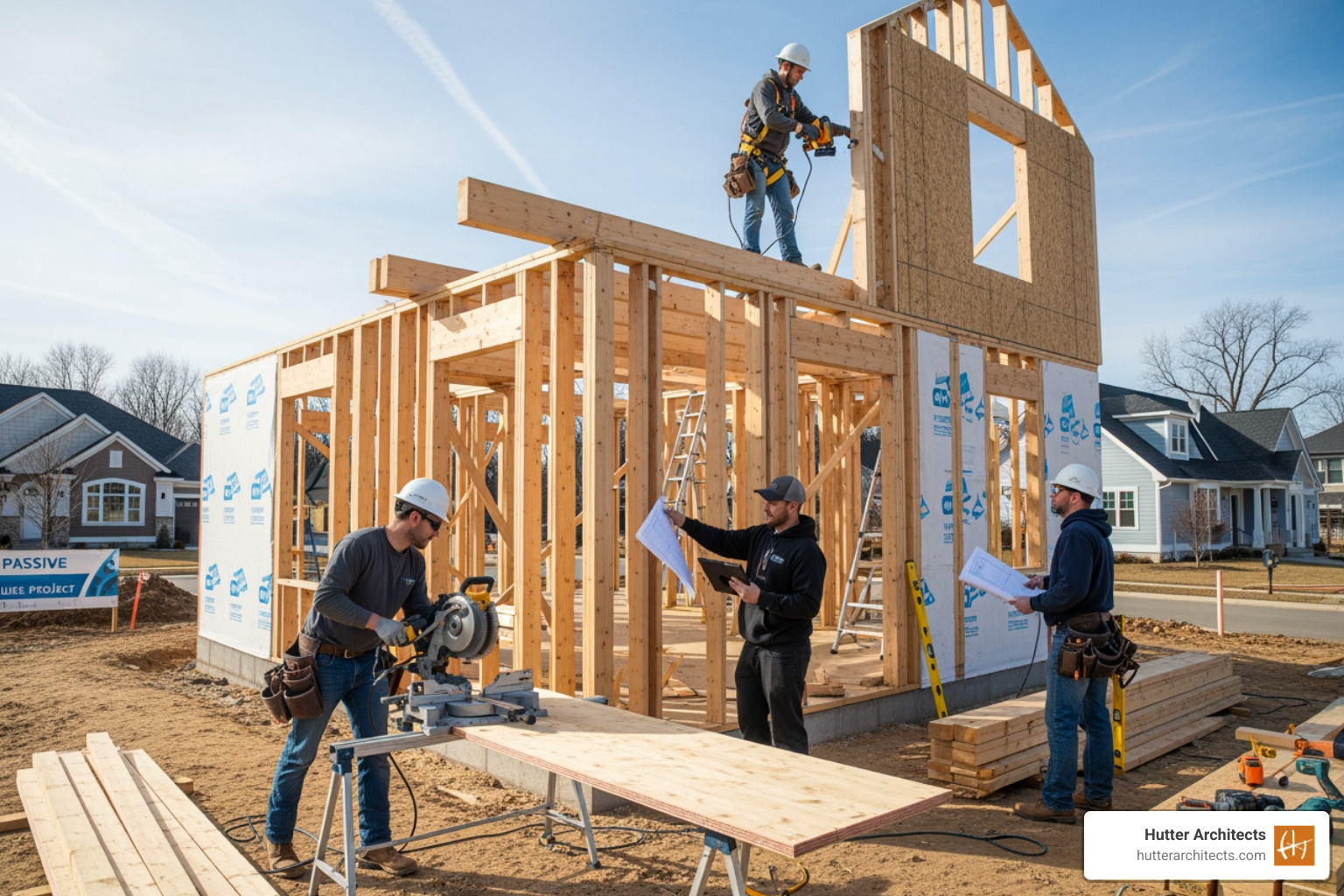 construction team working on a Passive House frame - passive house builders