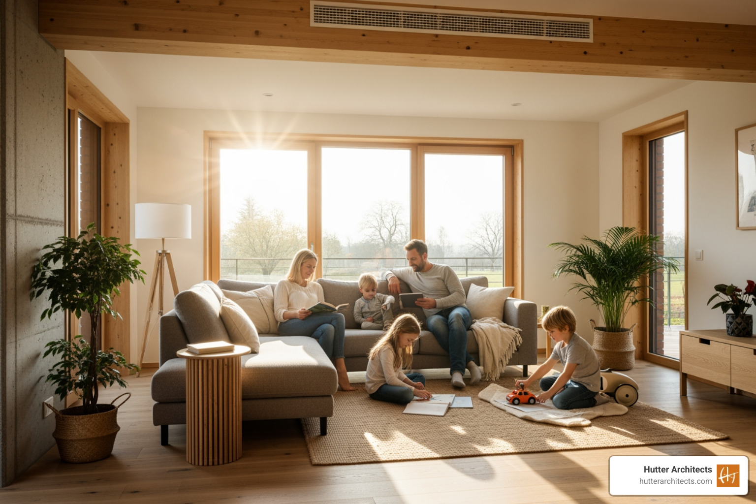 family enjoying the bright, comfortable interior of a Passive House - passive house builders