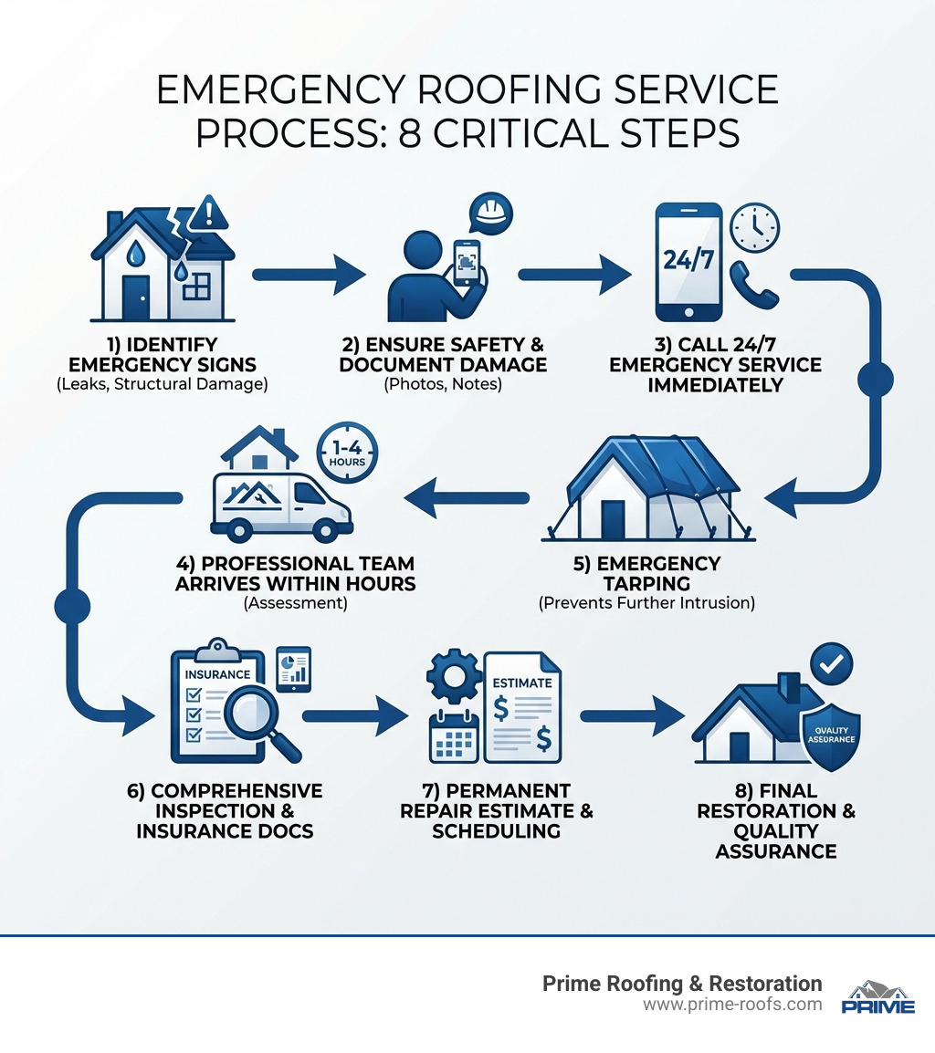Emergency Roofing Service Process Infographic showing the critical steps: 1) Identify the emergency signs like active leaks or structural damage, 2) Ensure safety and document damage with photos, 3) Call a 24/7 emergency roofing service immediately, 4) Professional team arrives within hours for assessment, 5) Emergency tarping prevents further water intrusion, 6) Comprehensive inspection and insurance documentation, 7) Permanent repair estimate and scheduling, 8) Final restoration and quality assurance - emergency roofing service infographic 