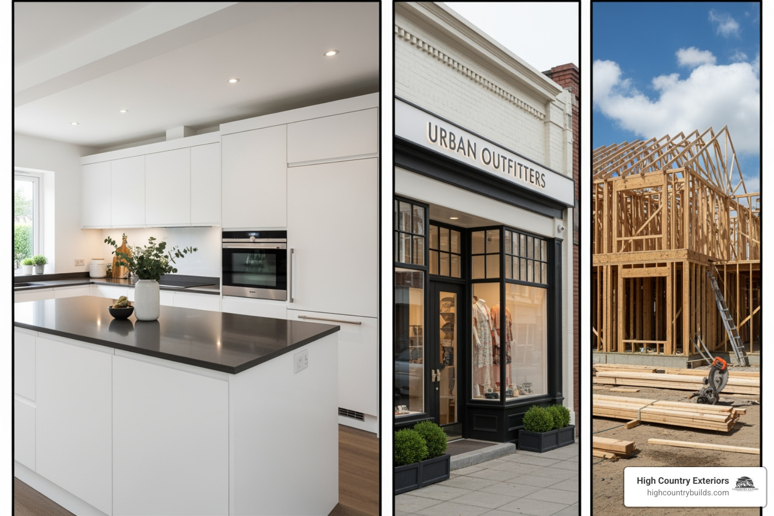 modern kitchen remodel, a commercial storefront, and a new home being framed - contractors idaho falls
