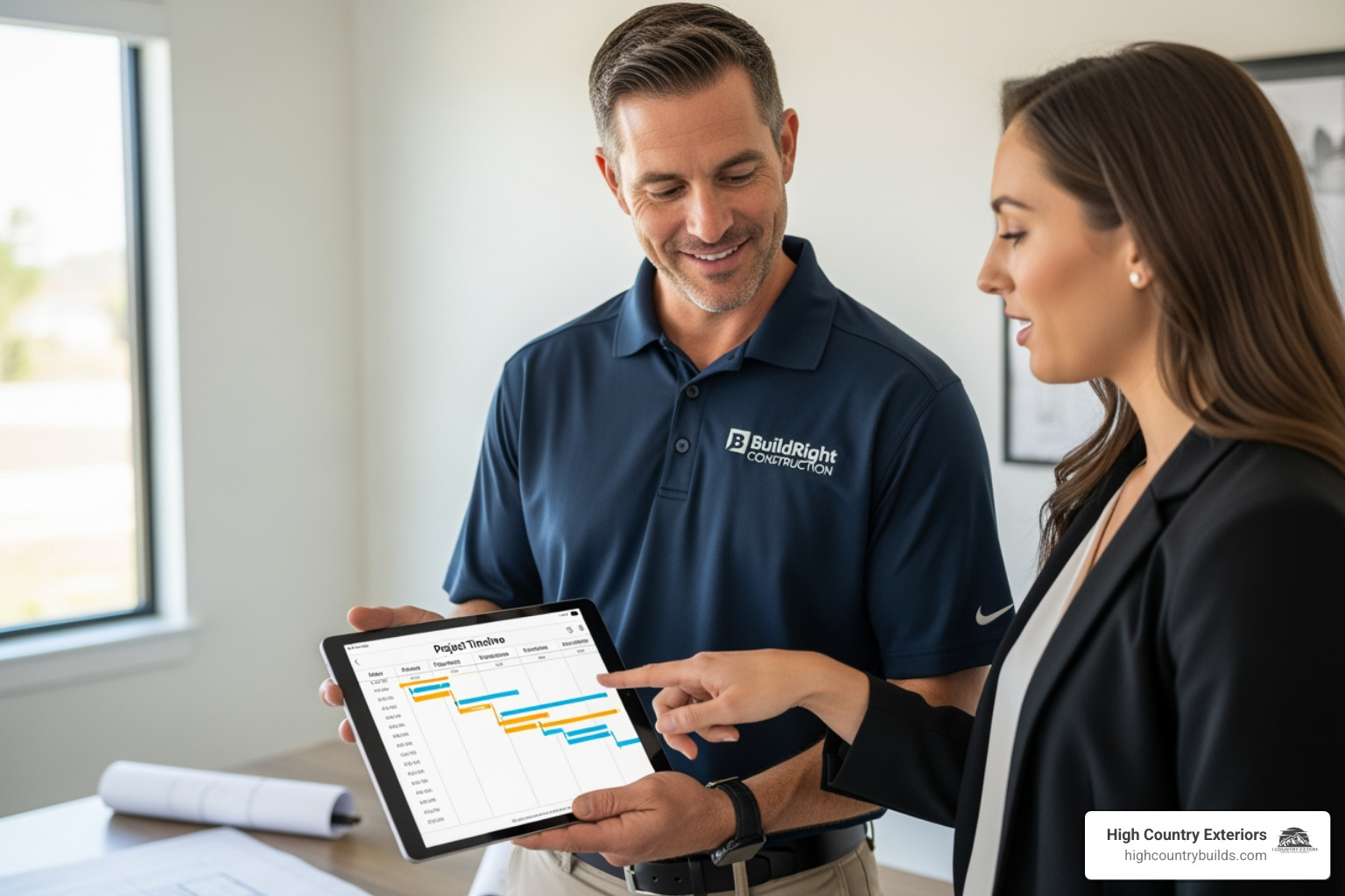 contractor showing a client a project timeline on a tablet - contractors idaho falls