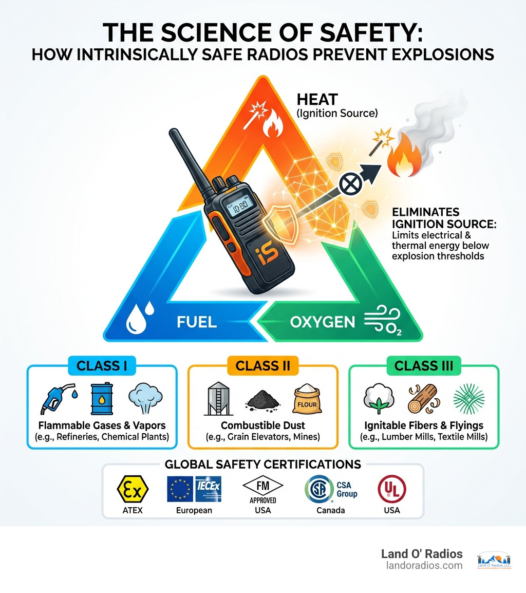 infographic showing the fire triangle with Heat, Fuel, and Oxygen, with an intrinsically safe radio eliminating the heat/ignition source element to prevent explosions in hazardous environments, including visual representations of Class I flammable gases, Class II combustible dust, and Class III ignitable fibers, plus certification logos for ATEX, IECEx, FM, CSA, and UL - intrinsically safe radios infographic 