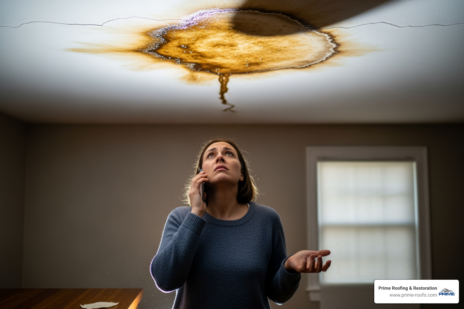 concerned homeowner on the phone, observing a large water stain on their ceiling - emergency roofing service