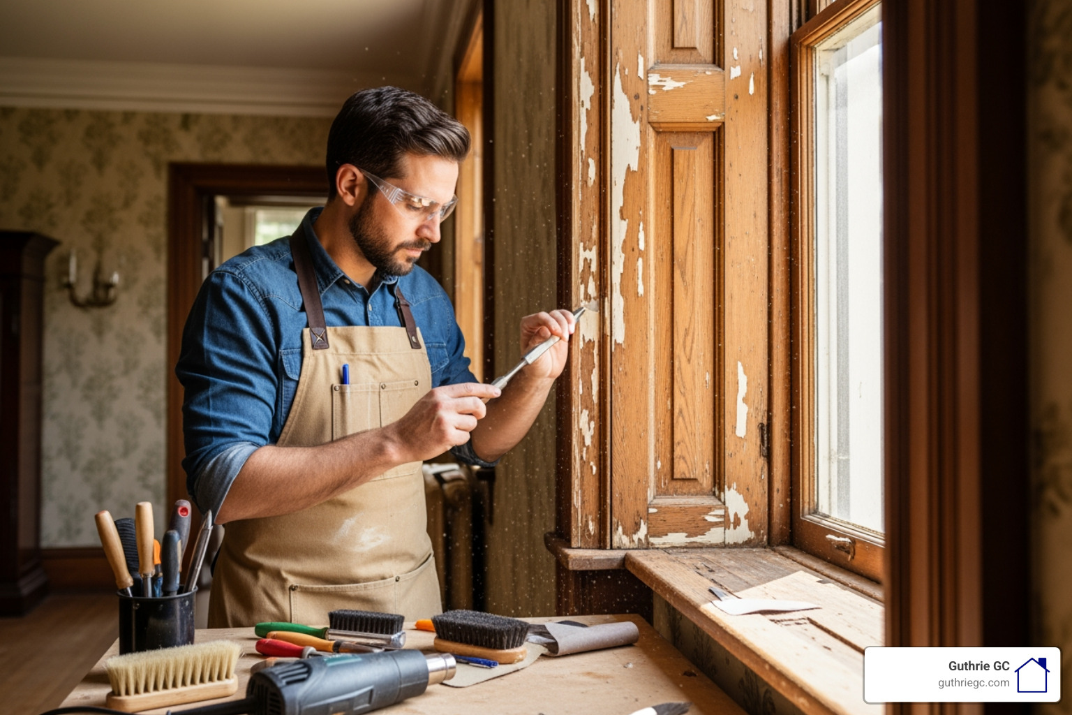 craftsman restoring window - Historic home renovation