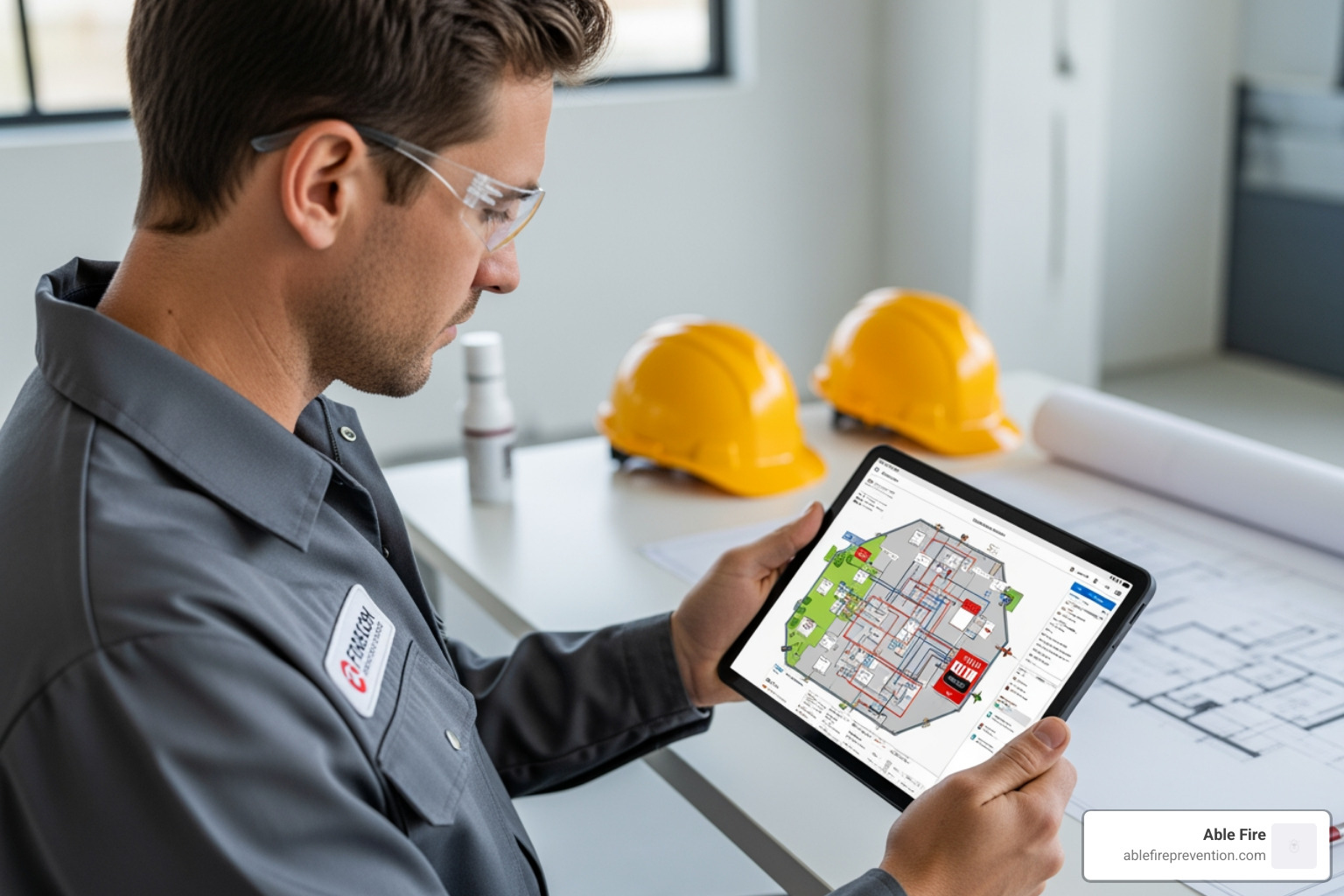 Technician reviewing a fire alarm system blueprint on a tablet - fire alarm system pdf