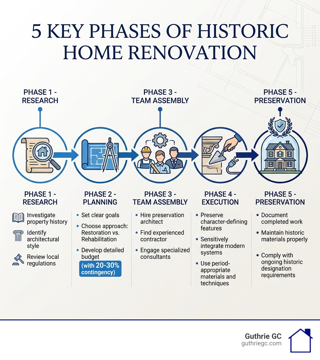 Infographic showing the 5 key phases of historic home renovation: Phase 1 - Research (investigate property history, identify architectural style, review local regulations), Phase 2 - Planning (set clear goals, choose restoration vs rehabilitation approach, develop detailed budget with 20-30% contingency), Phase 3 - Team Assembly (hire preservation architect, find experienced contractor, engage specialized consultants), Phase 4 - Execution (preserve character-defining features, sensitively integrate modern systems, use period-appropriate materials and techniques), Phase 5 - Preservation (document completed work, maintain historic materials properly, comply with ongoing historic designation requirements) - Historic home renovation infographic 
