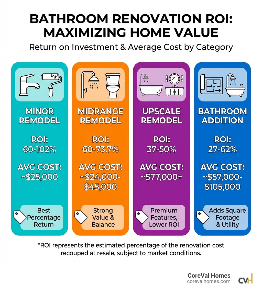 infographic showing bathroom renovation ROI breakdown with four categories: Minor Remodel at 60-102% ROI averaging $25,000, Midrange Remodel at 60-73.7% ROI averaging $24,000-$45,000, Upscale Remodel at 37-50% ROI averaging $77,000+, and Bathroom Addition at 27-62% ROI averaging $57,000-$105,000, with visual icons for each category - Increase home value bathroom infographic 