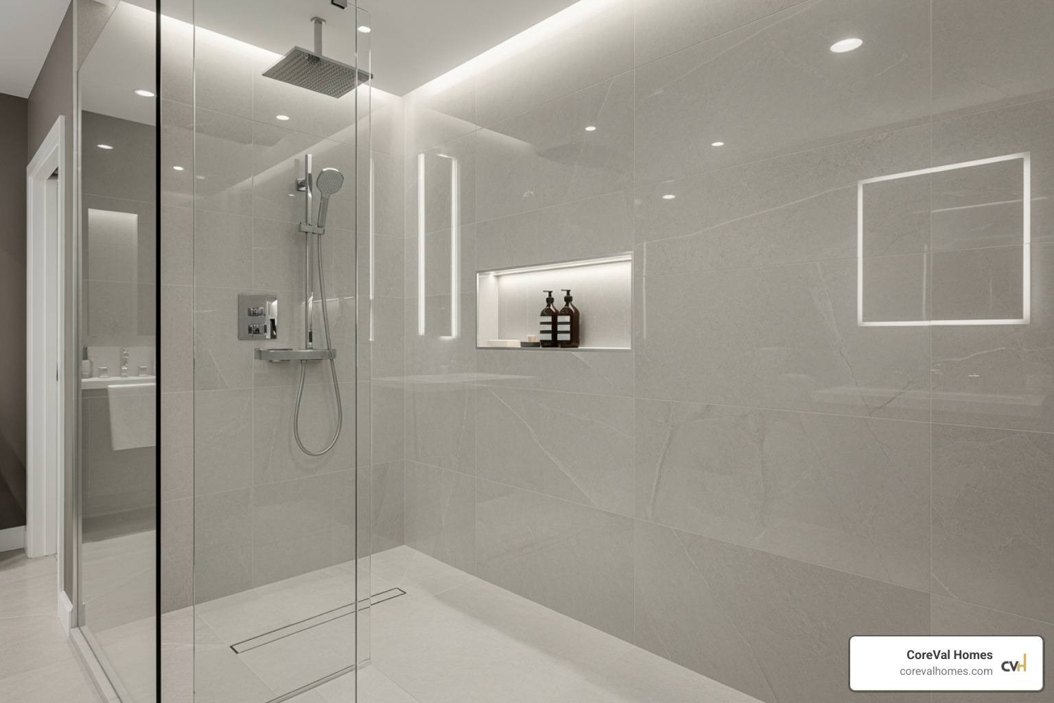 sleek, walk-in shower with glass enclosure and modern tile - Increase home value bathroom