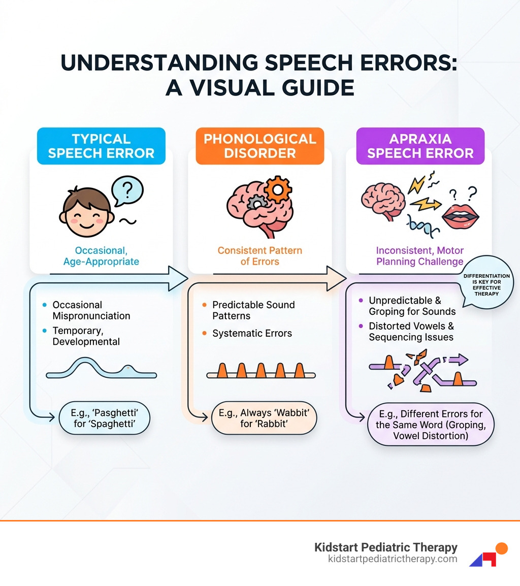 Infographic illustrating the differences between a typical speech error (e.g., occasional mispronunciation, often age-appropriate), a phonological disorder (e.g., consistent pattern of sound errors, like always saying "wabbit" for "rabbit"), and an apraxia speech error (e.g., inconsistent errors, difficulty with sequencing sounds, groping for articulatory positions, and distorted vowels) - Apraxia speech therapy infographic 
