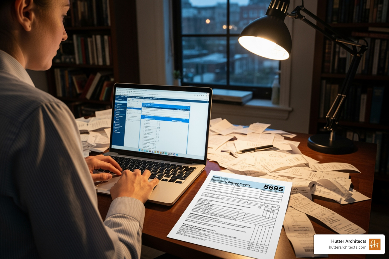 person at a desk with receipts, a laptop showing tax software, and Form 5695 - form 5695 instructions