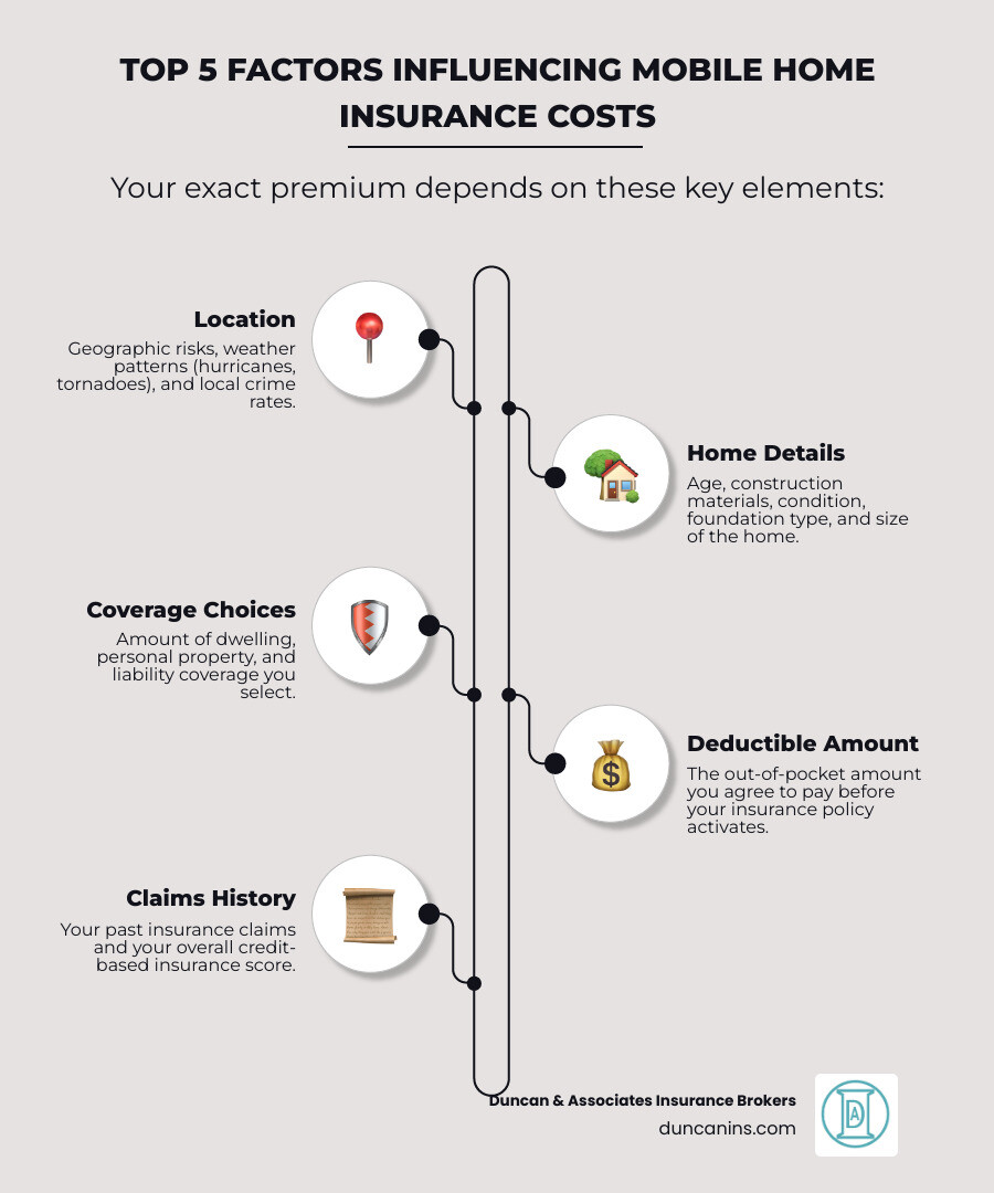 Infographic detailing the top 5 factors that influence mobile home insurance costs, including location, home age, coverage limits, deductible, and claims history - how much to insure a mobile home infographic infographic-line-5-steps-elegant_beige Infographic detailing the top 5 factors that influence mobile home insurance costs, including location, home age, coverage limits, deductible, and claims history - how much to insure a mobile home infographic infographic-line-5-steps-elegant_beige