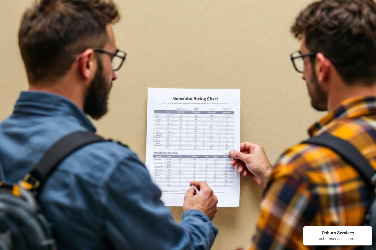 homeowner consulting with a technician next to a generator sizing chart - automatic home standby generator homeowner consulting with a technician next to a generator sizing chart - automatic home standby generator