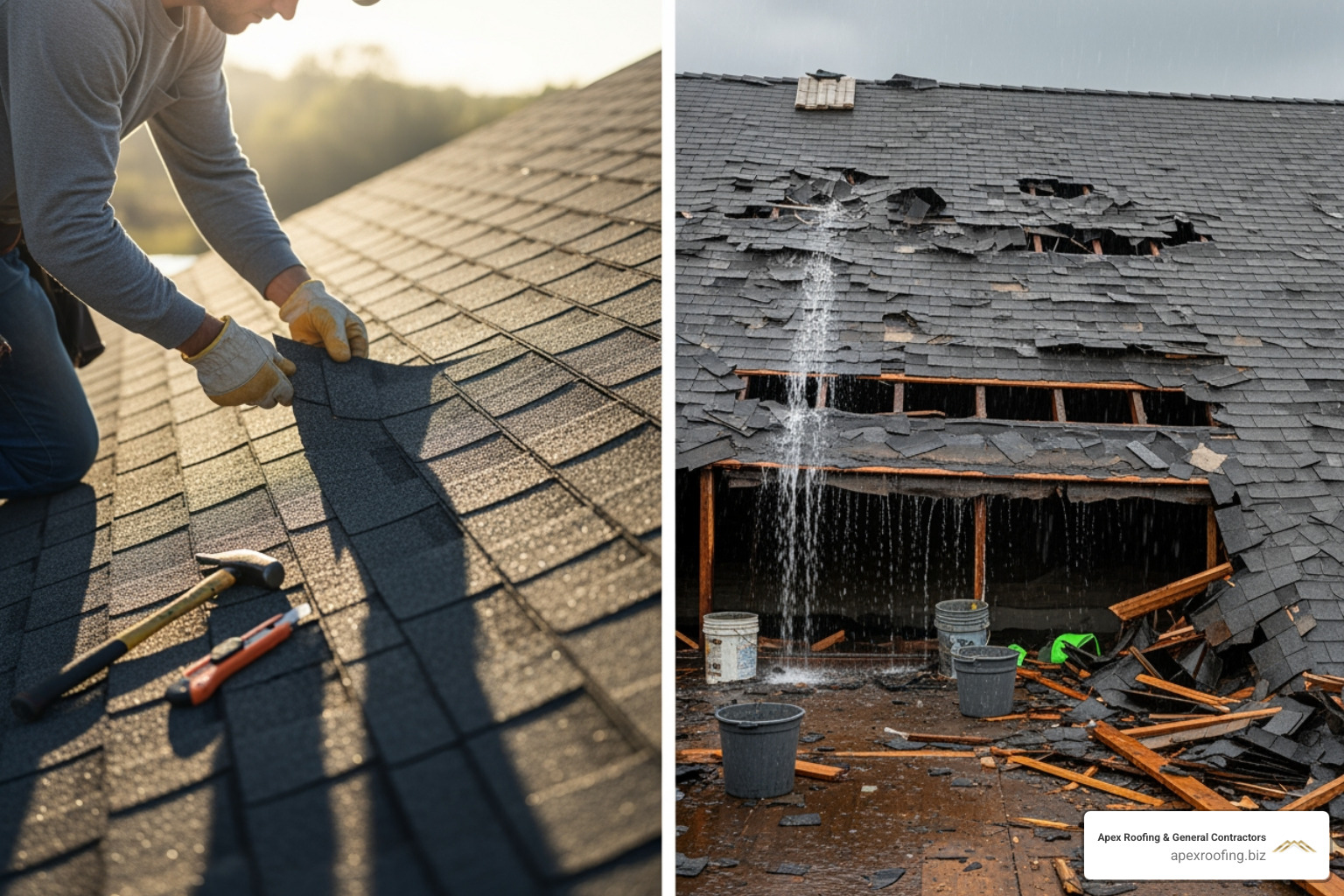 Chart comparing costs: Minor repair caught early $500-$2,000 vs Emergency roof replacement $15,000-$30,000, showing 85% cost savings through preventative inspection - Roof inspection Shavano Park TX
