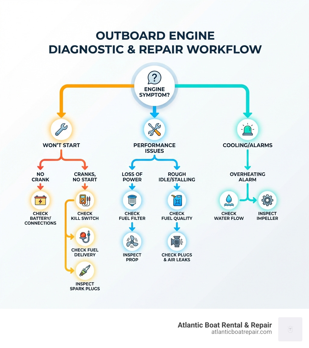 Outboard engine diagnostic and repair workflow infographic showing decision tree from symptoms to solutions - boat engine repair infographic 