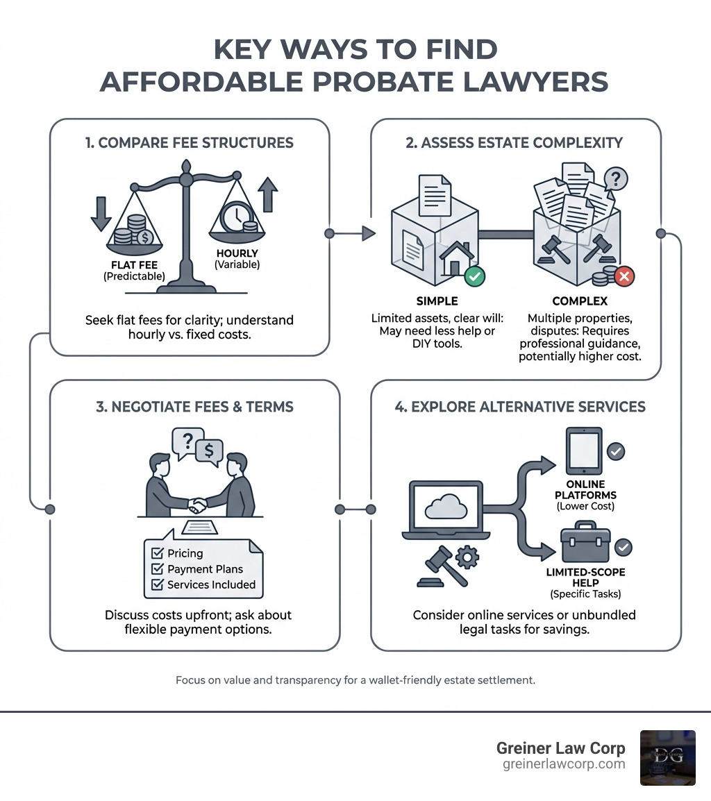 Infographic explaining key ways to find affordable probate lawyers, covering fee structures, estate complexity, negotiation, and alternative legal services - cheap probate lawyers infographic 