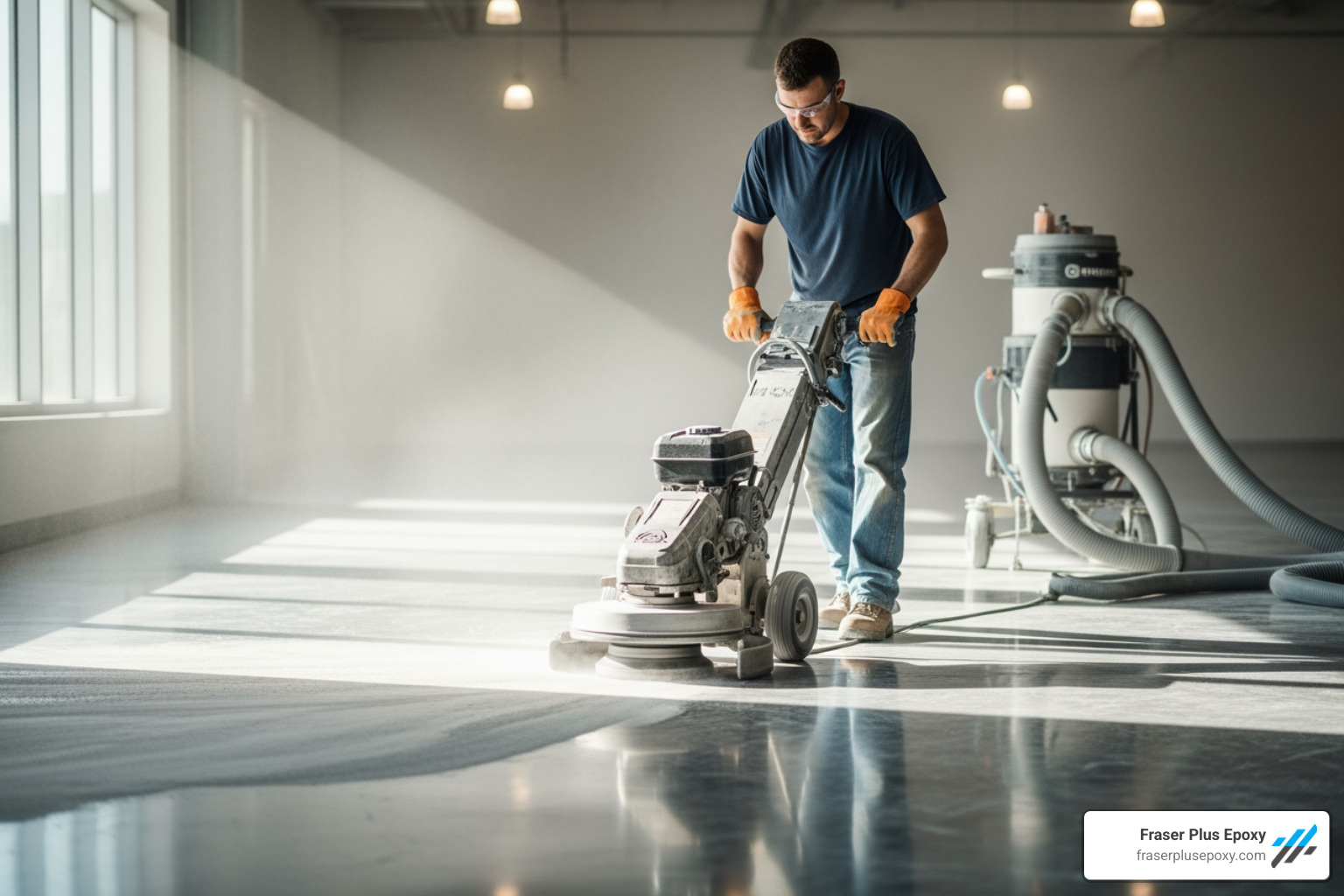 concrete polishing process with a diamond grinder - Polished concrete floor contractors