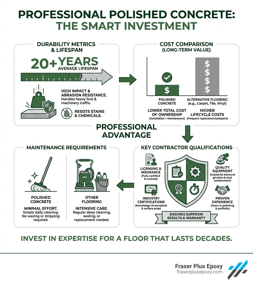 infographic showing the benefits of hiring professional polished concrete floor contractors including durability metrics, cost comparison with other flooring types, maintenance requirements, average lifespan of 20+ years, and key contractor qualifications like licensing, insurance, equipment quality, and industry certifications - Polished concrete floor contractors infographic 