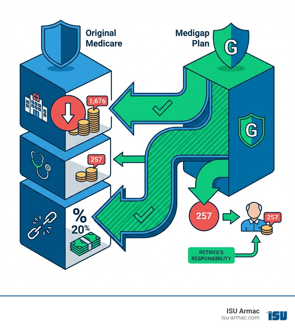 Infographic showing Original Medicare's 20% coinsurance gap, Part A hospital deductible of $1,676, and Part B deductible of $257, with arrows pointing to how Medigap Plan G covers most of these costs, leaving only the small Part B deductible as the retiree's responsibility - best supplemental health insurance for retirees infographic 