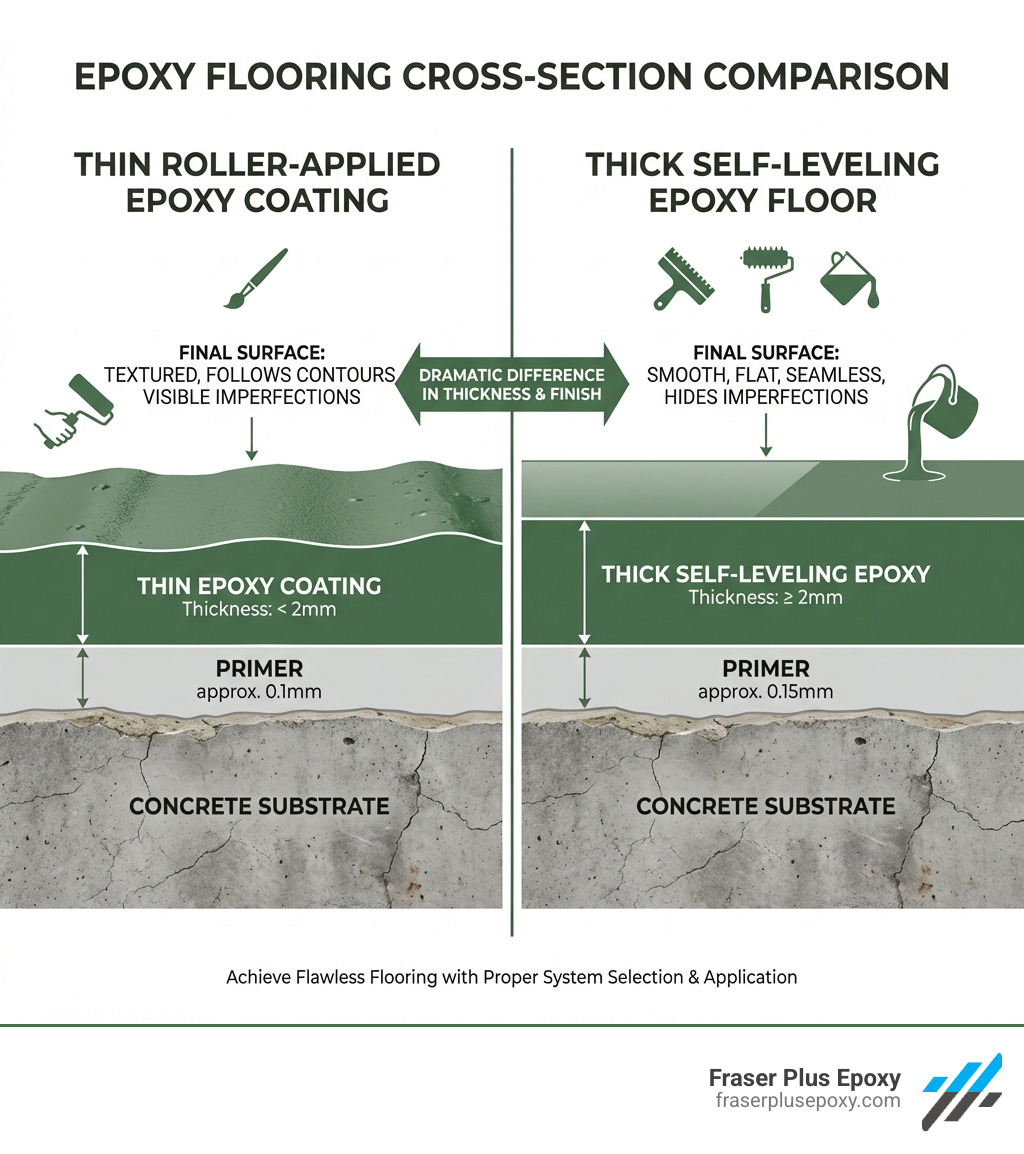 Detailed comparison infographic showing cross-section views of thin roller-applied epoxy coating versus thick self-leveling epoxy floor, with labeled layers including concrete substrate, primer, coating thickness measurements, and final surface texture differences - epoxy flooring self leveling infographic 