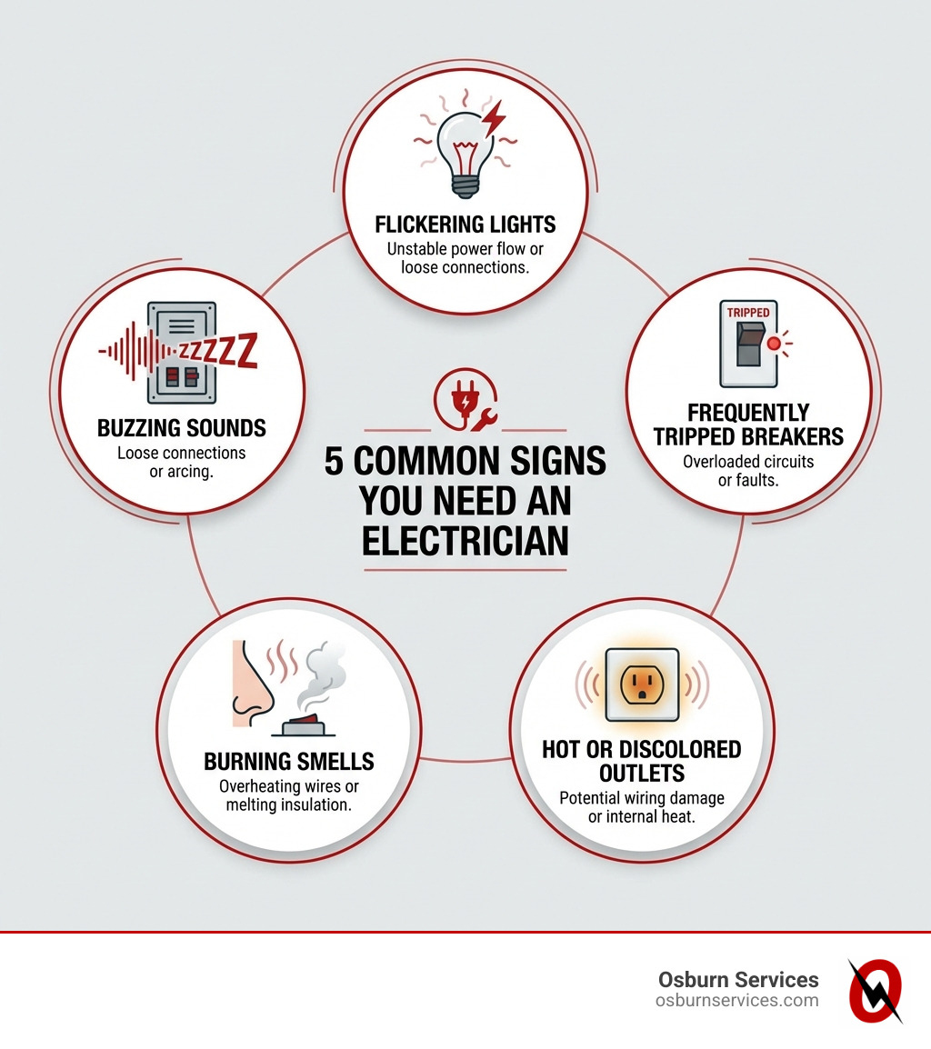 Infographic showing 5 common signs you need an electrician: flickering lights, frequently tripped breakers, hot or discolored outlets, burning smells, and buzzing sounds. - Electrical services Canton infographic 