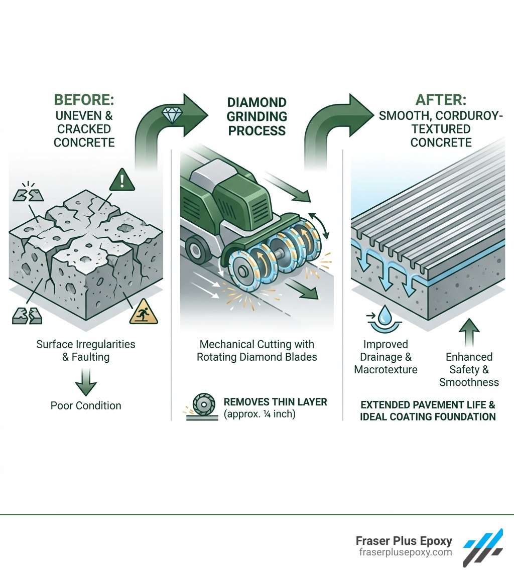 Infographic showing the diamond grinding process: before image of uneven, cracked concrete with visible faulting and surface irregularities, arrows pointing to a diamond grinding machine with rotating diamond blades cutting the surface, and after image showing smooth, corduroy-textured concrete with parallel longitudinal grooves, improved drainage channels, and enhanced surface macrotexture - what is diamond grinding infographic 