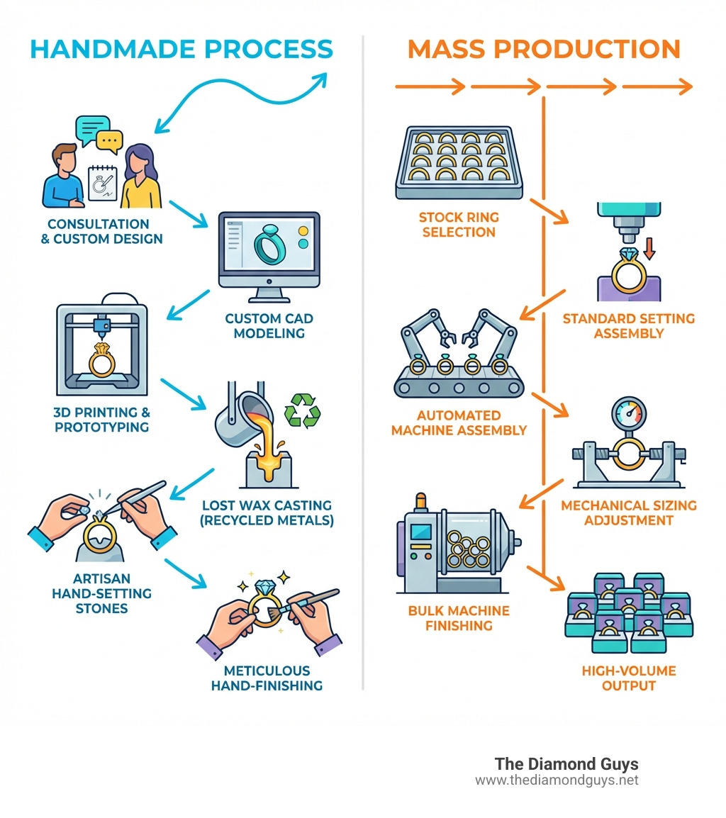 Infographic comparing handmade engagement ring process versus mass production: Handmade shows consultation, custom CAD design, 3D printing, lost wax casting with recycled metals, hand-setting stones, and hand-finishing; Mass production shows stock ring selection, standard setting, machine assembly, sizing adjustment, and bulk finishing - handmade engagement rings los angeles infographic Infographic comparing handmade engagement ring process versus mass production: Handmade shows consultation, custom CAD design, 3D printing, lost wax casting with recycled metals, hand-setting stones, and hand-finishing; Mass production shows stock ring selection, standard setting, machine assembly, sizing adjustment, and bulk finishing - handmade engagement rings los angeles infographic