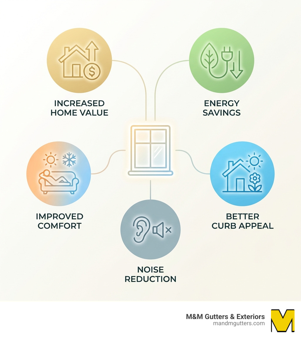 Infographic detailing the top 5 benefits of window replacement, including increased home value, energy savings, improved comfort, better curb appeal, and noise reduction - Window installation near me infographic Infographic detailing the top 5 benefits of window replacement, including increased home value, energy savings, improved comfort, better curb appeal, and noise reduction - Window installation near me infographic