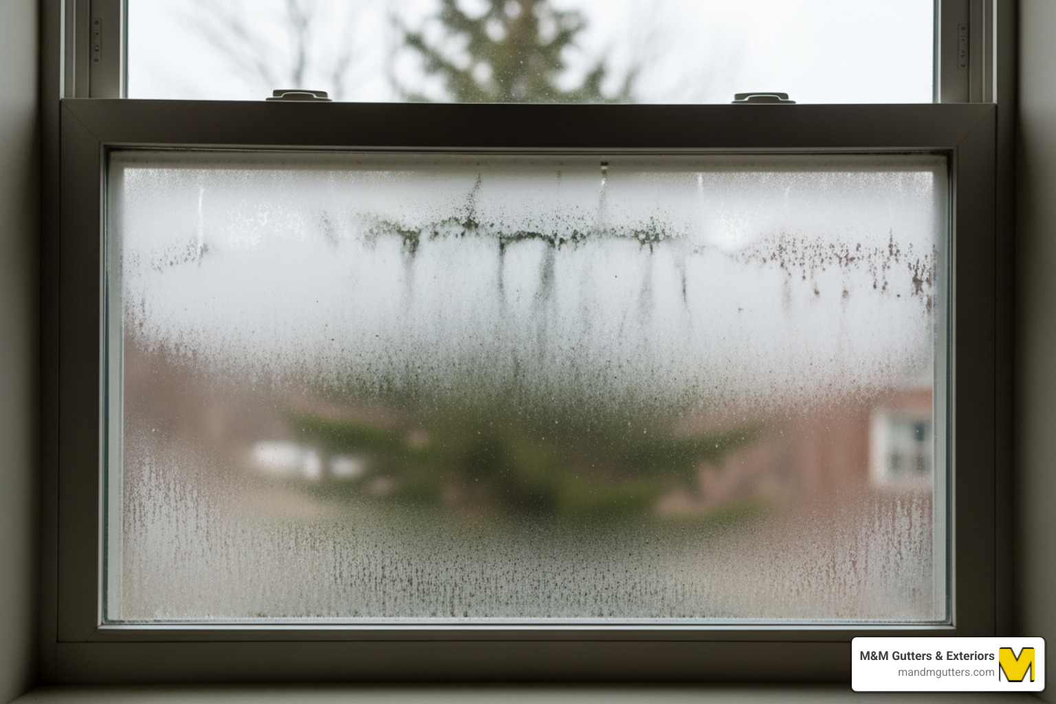 of a foggy window with condensation between the glass panes - Window installation near me