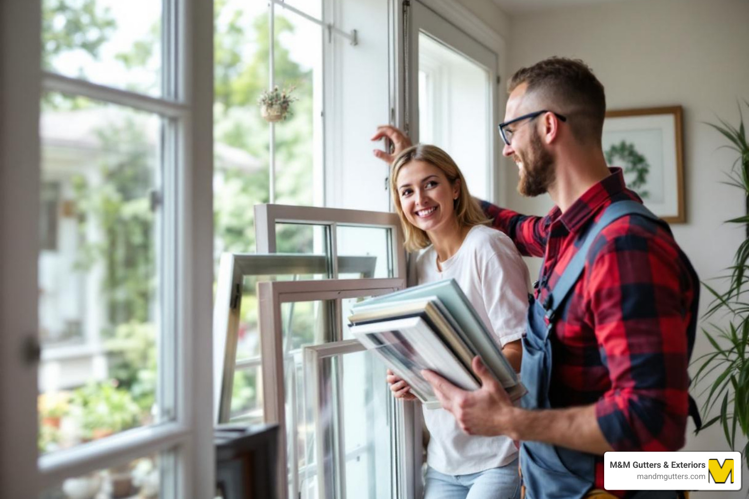 of a homeowner looking at different window samples with a contractor - Window installation near me of a homeowner looking at different window samples with a contractor - Window installation near me